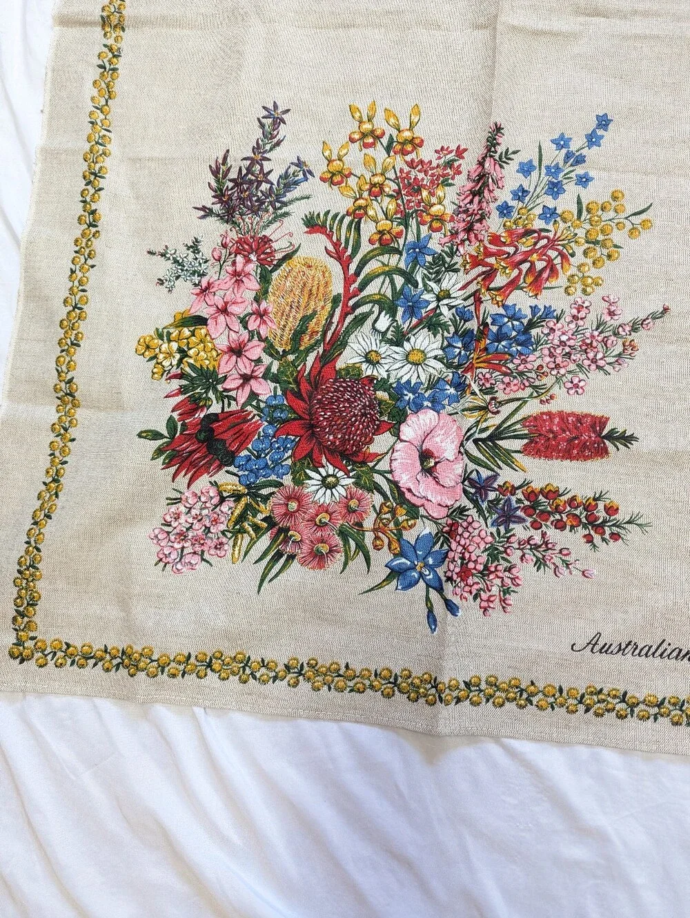 Vintage Heil Australian Wildflowers Linen Cotton Tablecloth  52